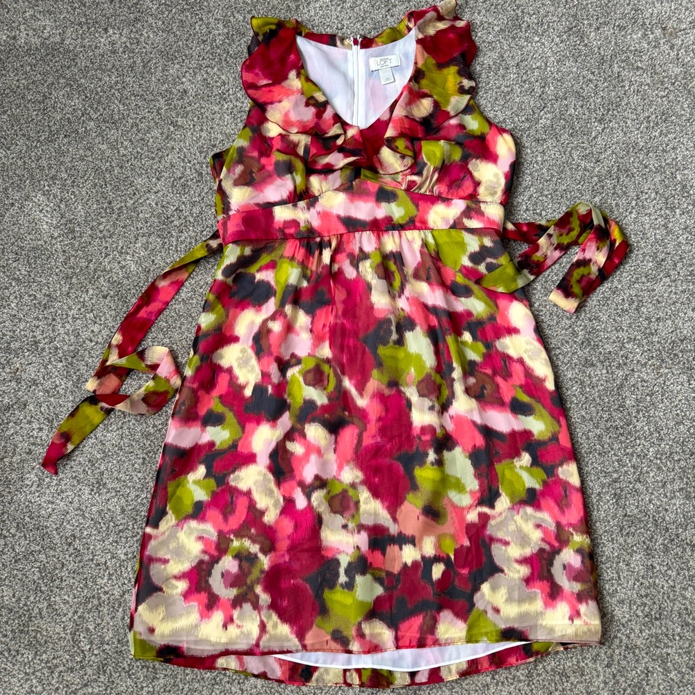 Loft by Ann Taylor Red Floral Mini Sleeveless Dress with Ruffle Detail Size 12P